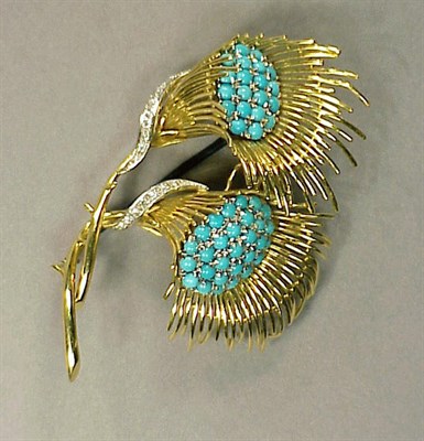 Lot 482 - Gold, Turquoise and Diamond Flower Pin 18 kt....
