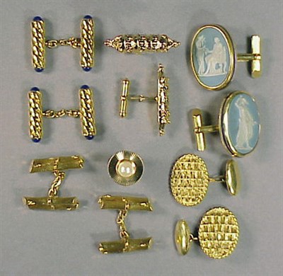 Lot 355 - Five Pairs of Gold Cufflinks and One Tie Tac...