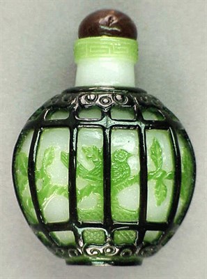 Lot 267 - Black and Green Overlay Glass Bird Cage Snuff...