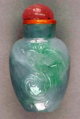 Lot 272 - Good Mottled Green Jadeite Snuff Bottle Carved...