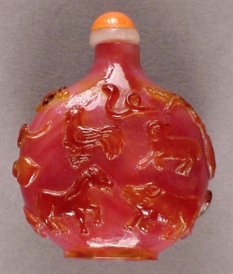Lot 281 - Amber Overlay Pink Glass Snuff Bottle with the...