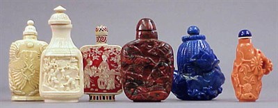 Lot 169 - Five Chinese Coral, Lapis and Synthetic Snuff...