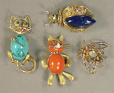 Lot 69 - Four Gold and Multicolored Stone Animal Pins...