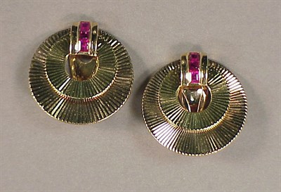 Lot 396 - Pair of Retro Gold and Ruby Earclips 14 kt....