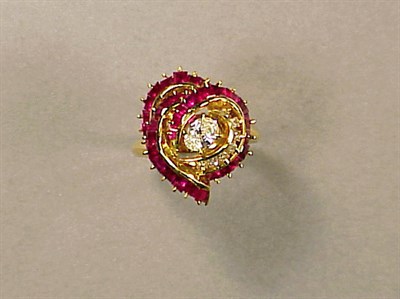 Lot 438 - Gold, Diamond and Ruby Ring 18 kt. yellow gold,...