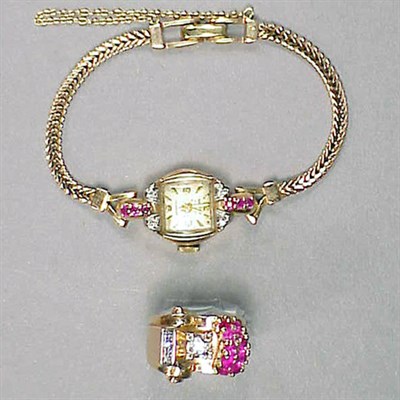 Lot 403 - 14 Kt. Gold Retro Ring and Watch Each set with...