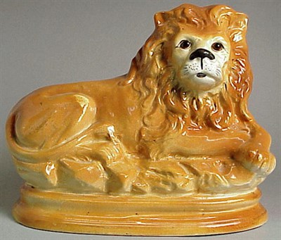 Lot 524 - Pair of Staffordshire Pottery Lions