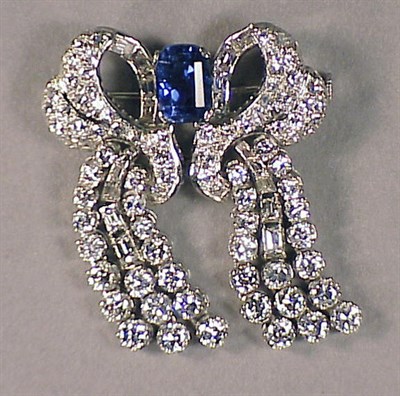 Lot 611 - Sapphire and Diamond Bow Brooch Platinum, set...