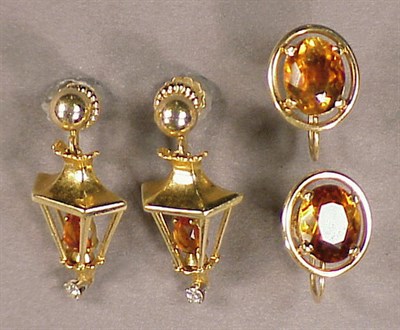 Lot 62 - Two Pairs of Retro Gold and Citrine Earrings...