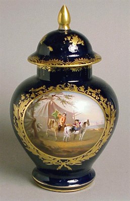 Lot 428 - Pair of Dresden Cobalt Scenic Porcelain Vases...