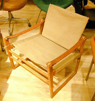 Lot 198 - Teak Armchair Adjustable canvas back, leather...