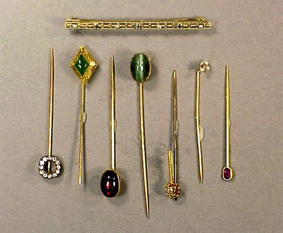 Lot 53 - Group of Eight Stick Pins Yellow gold,...