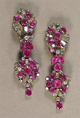 Lot 563 - Pair of Ruby and Diamond Pendant Earrings 14...