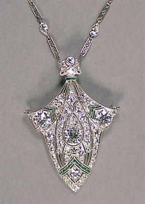 Lot 642 - Emerald and Diamond Pendant Necklace Platinum,...