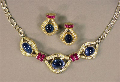 Lot 454 - Cabochon Sapphire, Ruby and Diamond Necklace...