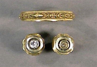 Lot 21 - Pair of Diamond Earrings and Gold Wedding Band...