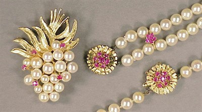 Lot 115 - Suite of Ruby and Cultured Pearl Jewelry 14 kt....