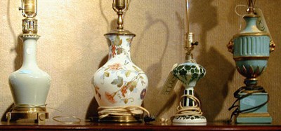 Lot 220 - Group of Four Glass, Wood and Porcelain Lamps
