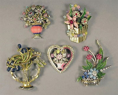 Lot 282 - Group of Five Pins Each with flowers set in a...