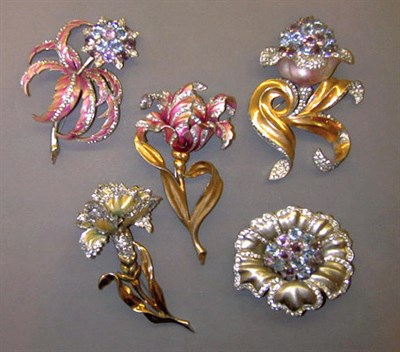 Lot 281 - Group of Five Flower Pins Each with pastel...