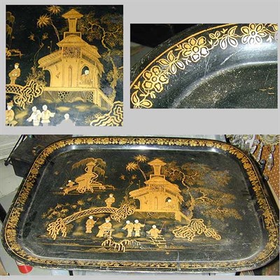 Lot 728 - French Gilt Decorated Black Painted Tole Tray