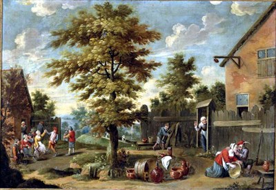 Lot 235 - Follower of Teniers OUTSIDE THE TAVERN Oil on...