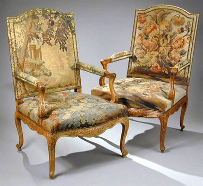 Lot 503 - Pair of Louis XV Style Carved Walnut Armchairs...