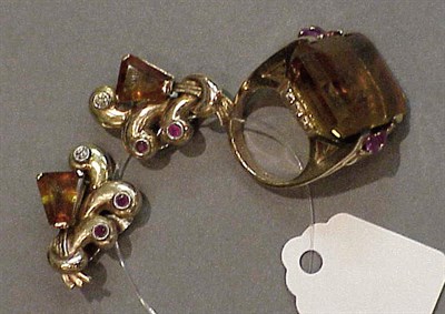 Lot 390 - Retro Ring and Earrings Each with a large...