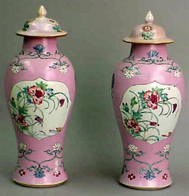 Lot 821 - Pair of Chinese Export Porcelain Pink Ground...