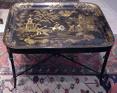 Lot 502 - Victorian Gilt-Decorated Black Painted Tole...
