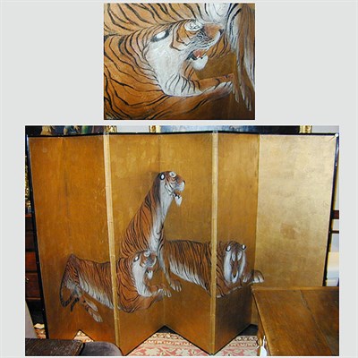 Lot 107 - Japanese Gold Paper Six-Fold Screen of Tigers...