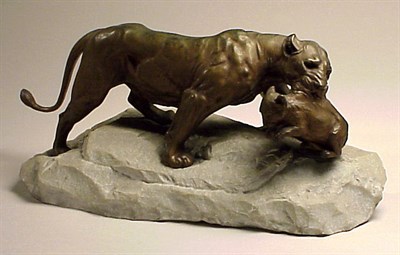 Lot 710 - Bronze Group of a Lioness and Cub Raised on a...