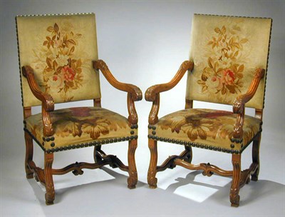 Lot 683 - Pair of Louis XIV Style Oak Armchairs Each...