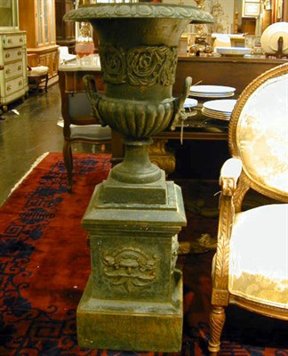 Lot 655 - Pair of Patinated-Metal Garden Urns on Stands