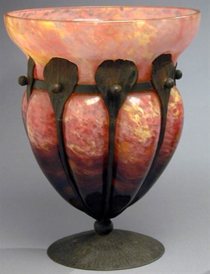 Lot 285 - Schneider Glass and Wrought Iron Vase Of ovoid...