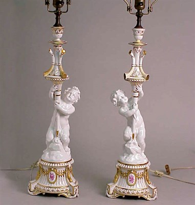 Lot 578 - Pair of Continental Porcelain Figural Lamps...