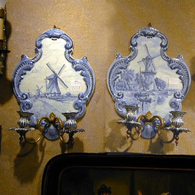 Lot 609A - Pair of Delft Pottery Two-Light Sconces