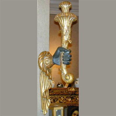 Lot 543 - Pair of Painted and Gilt Carved Wood Sconces...