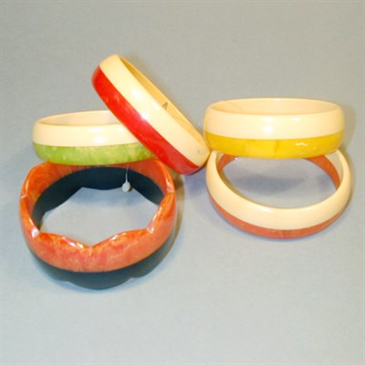 Lot 575 - Group of Five Bakelite Two-Color Bracelets...