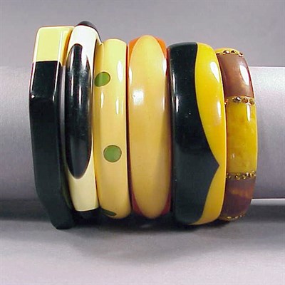 Lot 568 - Group of Six Bakelite Bracelets Each of...