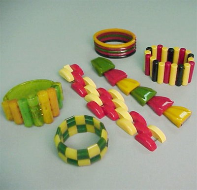 Lot 490 - Group of Six Bakelite Multicolor Bracelets...