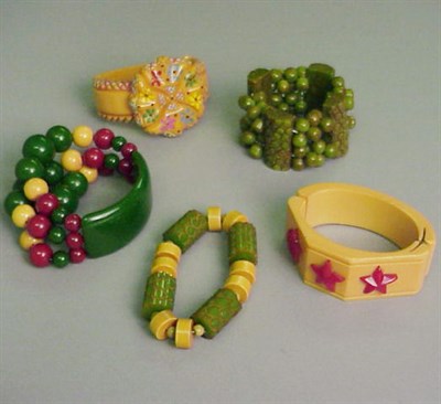 Lot 491 - Group of Five Bakelite Bracelets Each of...