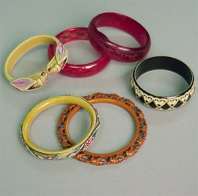 Lot 640 - Group of Six Bakelite and Celluloid Bracelets...