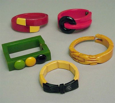 Lot 492 - Group of Five Bakelite Bracelets Each of...