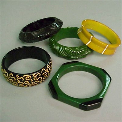 Lot 646 - Group of Five Bakelite Bracelets Three with...