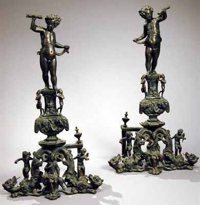 Lot 490 - Pair of Renaissance Style Bronze Andirons Each...
