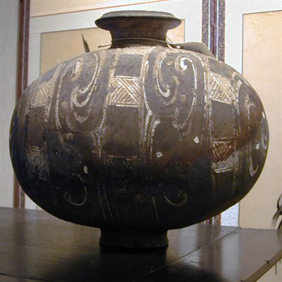 Lot 230 - Chinese Painted Gray Pottery Cocoon Jar Han...