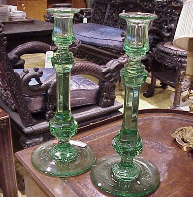 Lot 412 - Set of Four Green Glass Candlesticks