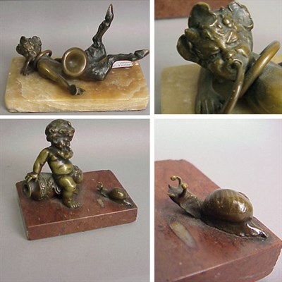 Lot 541 - Two Bronze and Marble or Onyx Desk Ornaments