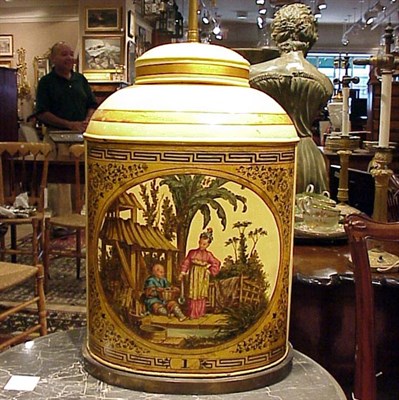 Lot 482 - Pair of Tole Painted Canister Lamps Each in...